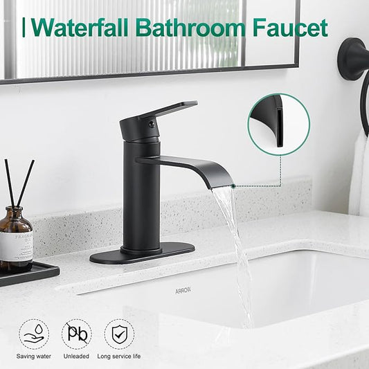 VOTON Black Bathroom Faucets, Single Handle Bathroom Sink Faucet Modern Waterfall Bathroom Faucet 1 or 3 Holes with Deck Plate, Rv Camper Farmhouse Bathroom Utility Remodel Mixer Tap Washbasin Faucet