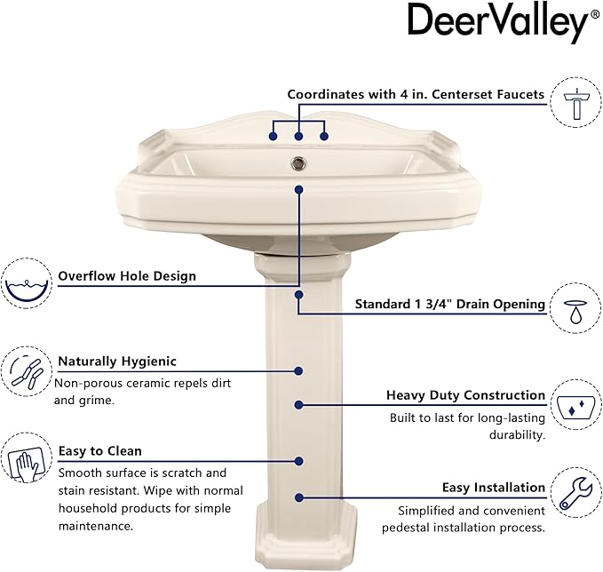DeerValley 23x19 Inch Bone Pedestal Sink Combo, Ceramic Pedestal Sink for Bathroom with Overflow and 3 Faucet Holes, DV-1P522BN