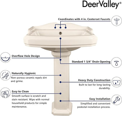 DeerValley 23x19 Inch Bone Pedestal Sink Combo, Ceramic Pedestal Sink for Bathroom with Overflow and 3 Faucet Holes, DV-1P522BN