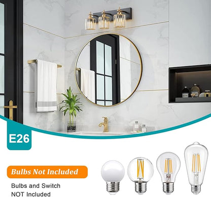 Modern Crystal Bathroom Vanity Lights, 3-Lights Black Gold Bathroom Light Fixtures Over Mirror, Crystal Vanity Light with Polished Gold Finish(Exclude Bulb)
