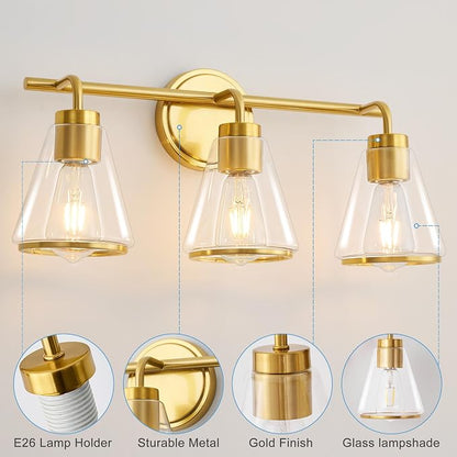 22" 3-Light Brushed Gold Modern Bathroom Vanity Light Fixtures Over Mirror | Clear Glass Shade, Heat-Resistant Ceramic E26 Socket, Wall Sconces, Rustproof, Fit 16–22 Inch Mirrors for Vanity Table
