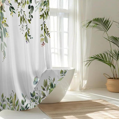 Sage Green Floral Eucalyptus Shower Curtain with Hooks, 72x72 Inch | Waterproof Fabric, Watercolor Leaves and Floral, Botanical Style, Machine Washable, Quick-Drying, for Hotel Bathroom