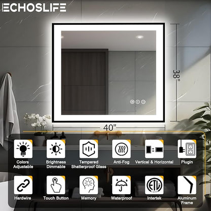 EchosLife 40x38 Lighted Mirrors for Bathroom Wall - Black Aluminum Framed | Black Frame, Front and Backlit, Anti-Fog, Stepless Dimmable, 3 Colors, Memory, Tempered Glass, UL Listed, Horizontal/Vertical