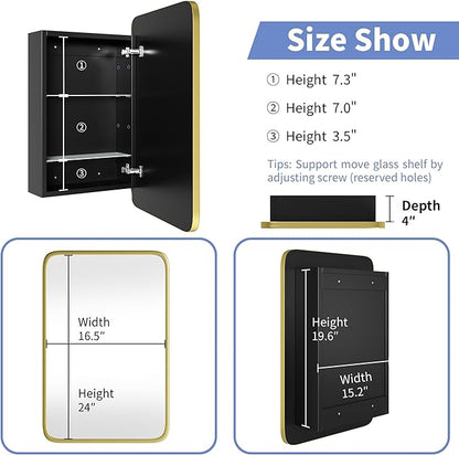 Vintage-Style Bathroom Wood Black Cabinet with 16.5''x24'' Brushed Gold Metal Frame Curved Mirror, Recessed Medicine Cabinet, Bathroom Storage Cabinet