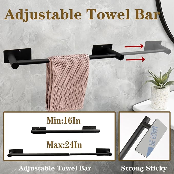 5 PCS Self Adhesive Bathroom Hardware Set, Stainless Steel Towel Rack Set Include Adjustable 24In Bath Towel Bar+Toilet Paper Holder+3 Towel/Robe Hooks Bathroom Accessory(Matte Black)
