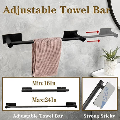 5 PCS Self Adhesive Bathroom Hardware Set, Stainless Steel Towel Rack Set Include Adjustable 24In Bath Towel Bar+Toilet Paper Holder+3 Towel/Robe Hooks Bathroom Accessory(Matte Black)