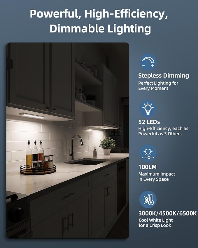 10inch Under Cabinet Lights, Wireless Closet Light, Motion Sensor, 1800mAh Rechargeable Battery, Magnetic, 3 Color Temps, 5 Levels Dimmable, Under Counter Lights for Kitchen (2 Pack)