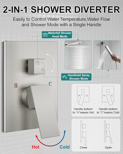 Shower Faucet Set Rainfall Shower System with Square Showerhead and Handle Set Fixture with 2 in 1 Function Handheld Sprayer Wall Mounted Trim Repair Kit Rough-in Valve 12 Inch Brushed Nickel