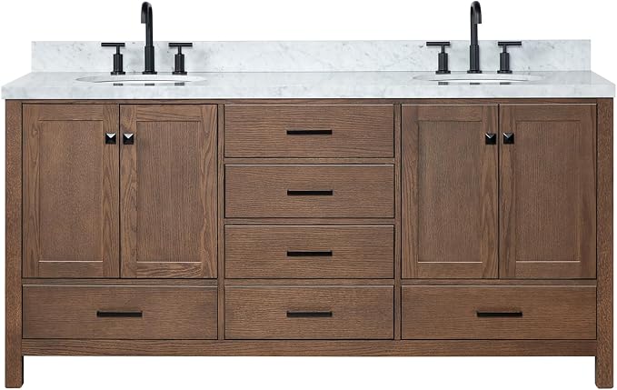 ARIEL Cambridge 72-inch Bathroom Vanity with Sink,Solid Wood, 1.5-inch Italian Carrara Marble Countertop, Double Oval Porcelain Sink, 4 Soft Closing Doors, 6 Dovetail Drawers, Brown Oak