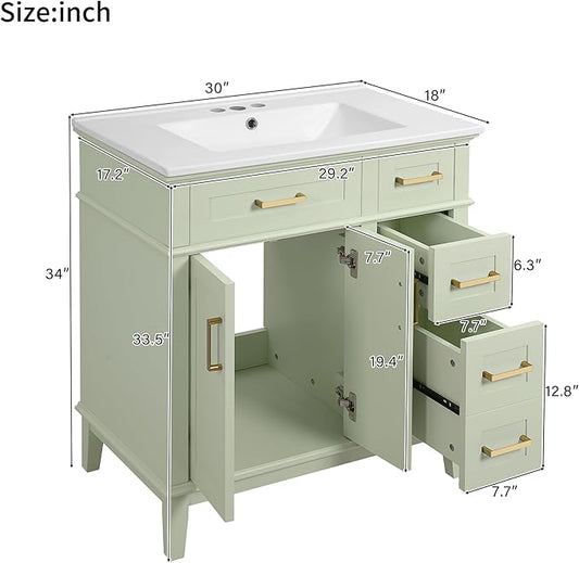 Favfurish 30" Bathroom Vanity with Ceramic Sink, Modern Storage Cabinet with Soft-Close Doors,Deep Drawer & Standard Drawer, Stylish Bath Vanity for Small Bathroom,Easy Assembly,Green