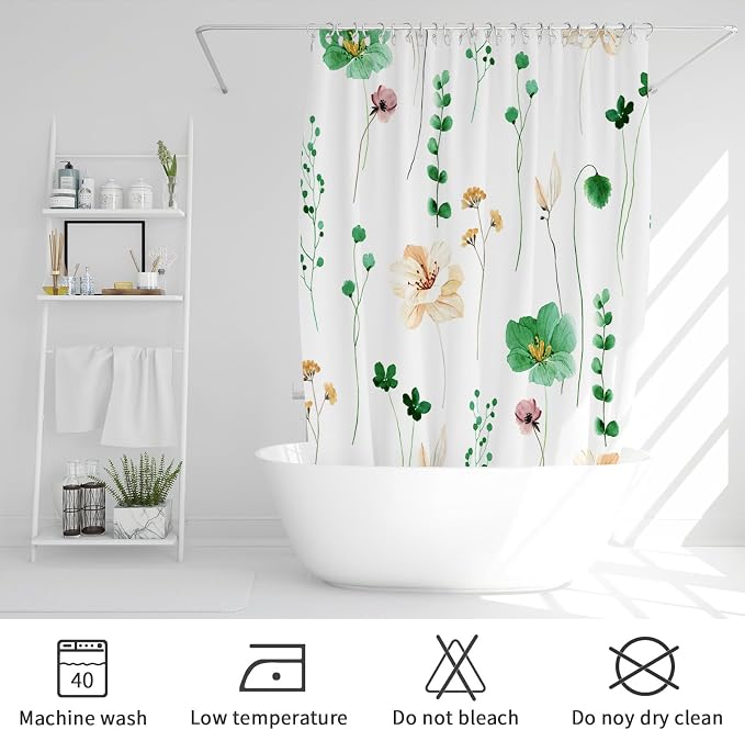 Emerald Green Beige Watercolor Floral Fabric Shower Curtain, 72x72 | Waterproof Fabric, Modern Minimalist Floral Print, Machine Washable, Rustproof Grommets, for Bathroom