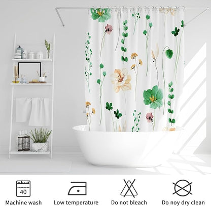 Emerald Green Beige Watercolor Floral Fabric Shower Curtain, 72x72 | Waterproof Fabric, Modern Minimalist Floral Print, Machine Washable, Rustproof Grommets, for Bathroom