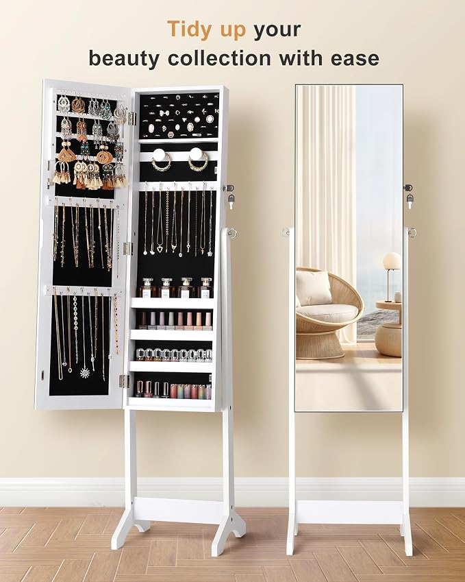 Nicetree Freestanding Jewelry Cabinet, Full Length Mirror, Moon White | Jewelry Armoire Organizer, Lockable Jewelry Storage Cabinet, Frameless Mirror, 3 Adjustable Angles,Gift Idea,Quick Assembly