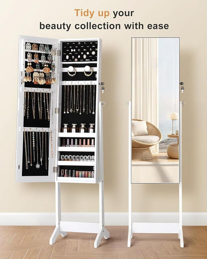 Nicetree Freestanding Jewelry Cabinet, Full Length Mirror, Moon White | Jewelry Armoire Organizer, Lockable Jewelry Storage Cabinet, Frameless Mirror, 3 Adjustable Angles,Gift Idea,Quick Assembly