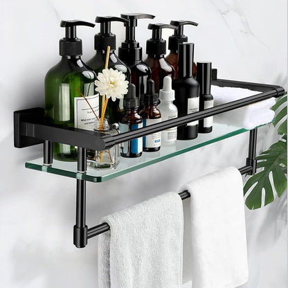 20-inch Glass Shelf with Towel bar, Matte Black-Finished Rail, Rectangular Stainless Steel Shelf, wall-Mounted Storage Rack