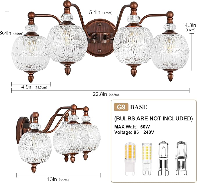 Vintage Bathroom Vanity Light, 4-Light Antique Red Bronze Finish Wall Sconce with Globe Glass Shades, Retro Mirror Light for Bathroom, Powder Room