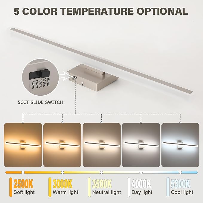 JUSHENG Brushed Nickel Vanity Lights for Bathroom, 5CCT Dimmable Vanity Light Bar, Modern LED Bathroom Lighting Fixtures Above Mirror 32'' Inch 24W