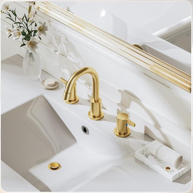 Phiestina Brushed Gold 3 Hole 8 Inch Widespread Bathroom Sink Faucet, Bathroom Faucet Set with Metal Pop UP Drain and Valve, WF15-1-BG