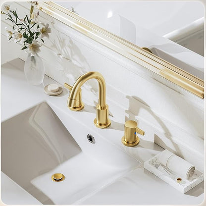 Phiestina Brushed Gold 3 Hole 8 Inch Widespread Bathroom Sink Faucet, Bathroom Faucet Set with Metal Pop UP Drain and Valve, WF15-1-BG