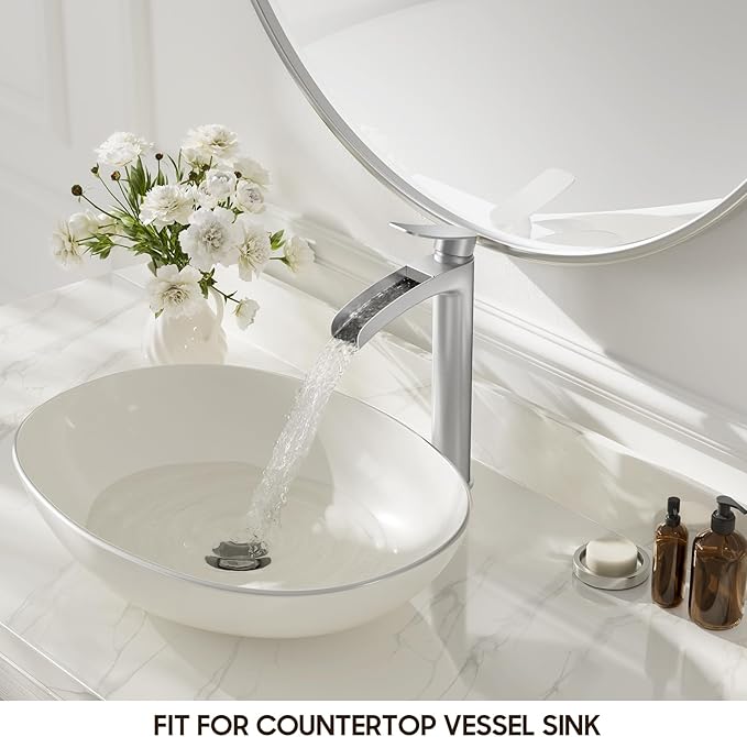 Phiestina Brushed Nickel Tall Bathroom Vessel Sink Faucet, Single Hole Single Handle Waterfall Modern Above Countertop Sink Bathroom Faucet, with Pop Up Drain and Water Supply Line, NS-SF01-BN-V