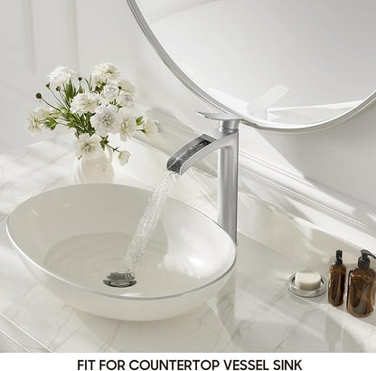 Phiestina Brushed Nickel Tall Bathroom Vessel Sink Faucet, Single Hole Single Handle Waterfall Modern Above Countertop Sink Bathroom Faucet, with Pop Up Drain and Water Supply Line, NS-SF01-BN-V
