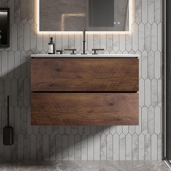 30" Bathroom Vanity with Sink, Modern Floating Vanity with Two Soft-Close Drawers, Large Storage for Small Space, Walnut, Fully Assembled - Iris Collection