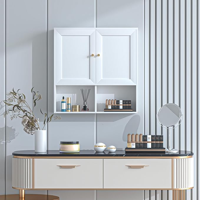 Bathroom Wall Cabinet, Medicine Cabinet with 2 Door and Adjustable Shelves,3-Tier Wood Hanging Storage Over The Toilet,White Wall Mounted Cabinet for Bathroom, Kitchen,Laundry Room
