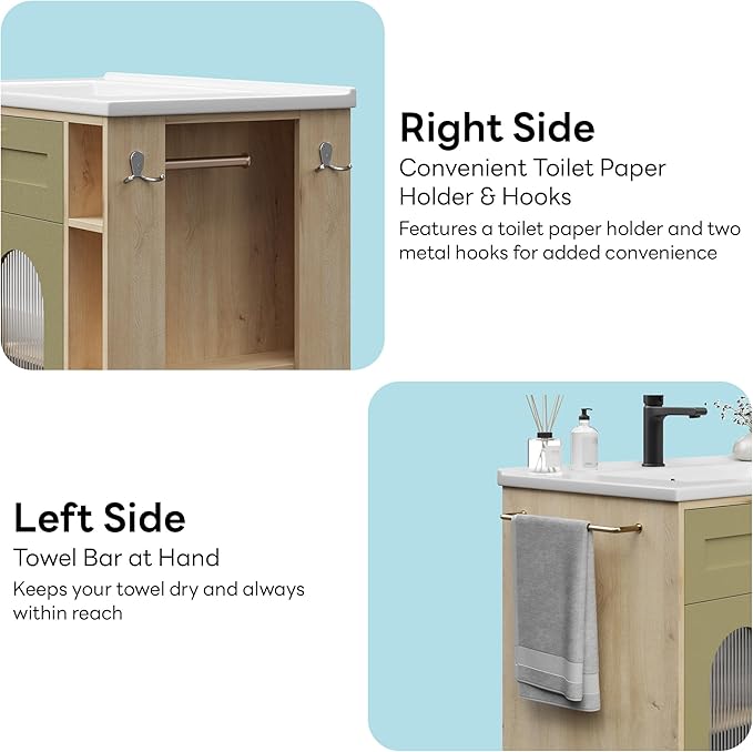 LIKIMIO 30 inch Bathroom Vanity with Sink, Bathroom Vanities Cabinet with Ceramic Sink, Arched Glass Door Storage with Adjustable Shelf, Solid Wood Legs, Towel Bar & Toilet Paper Holder