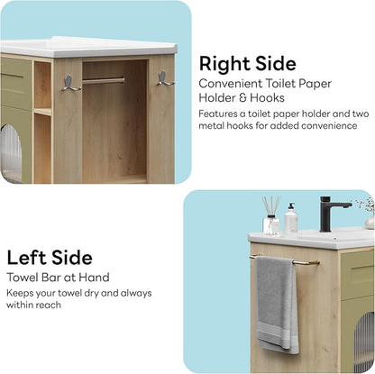 LIKIMIO 30 inch Bathroom Vanity with Sink, Bathroom Vanities Cabinet with Ceramic Sink, Arched Glass Door Storage with Adjustable Shelf, Solid Wood Legs, Towel Bar & Toilet Paper Holder