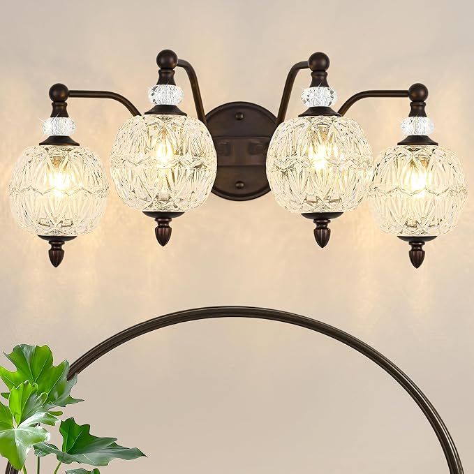 Vintage Bathroom Vanity Light, 4-Light Mid Century Oil Rubbed Bronze Finish Wall Sconce with Globe Glass Shades, Retro Mirror Light for Bathroom, Powder Room