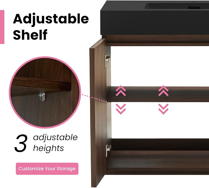 60" Double Bathroom Vanity with Sink (8" Widespread Faucet Holes Predrilled), Mid Century Modern Bathroom Cabinet with 4 Doors & Shelves, Matte Black Sink with Overflow, Walnut