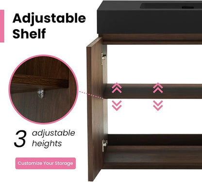 60" Double Bathroom Vanity with Sink (8" Widespread Faucet Holes Predrilled), Mid Century Modern Bathroom Cabinet with 4 Doors & Shelves, Matte Black Sink with Overflow, Walnut