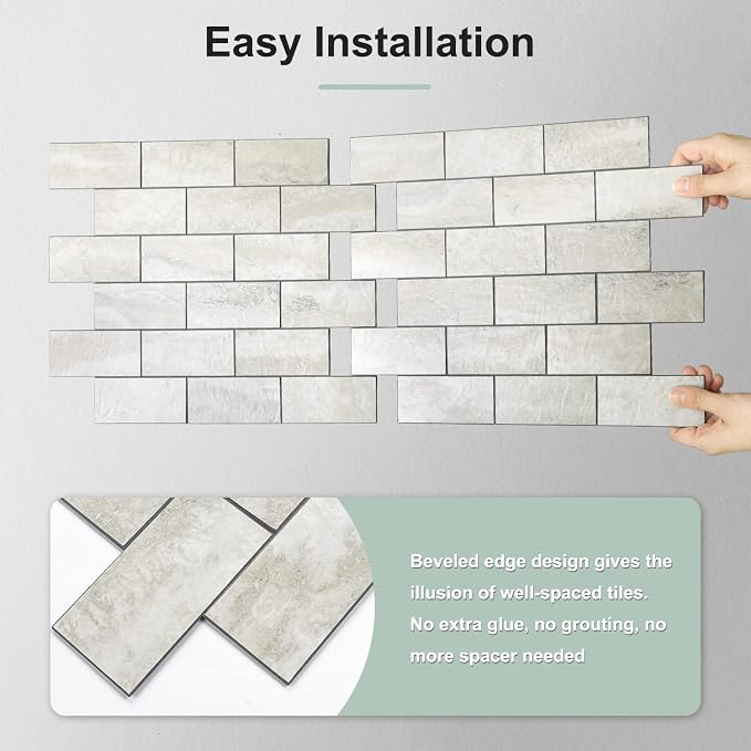 STICKGOO 10-Sheet Peel and Stick Backsplash on Subway Tile, Beige | Stone Texture with Grey Grout, Waterproof, Self Adhesive PVC Wall Tiles for Kitchen, Bathroom, Fireplace