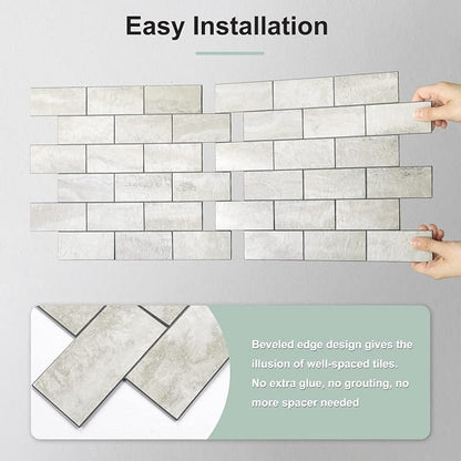 STICKGOO 10-Sheet Peel and Stick Backsplash on Subway Tile, Beige | Stone Texture with Grey Grout, Waterproof, Self Adhesive PVC Wall Tiles for Kitchen, Bathroom, Fireplace