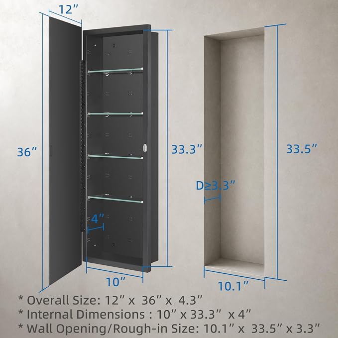 IDYLLOR Black Bathroom Medicine Cabinet with Beveled Edge Mirrored Door 12 x 36 inch, Recessed or Surface Mount, with Adjustable Glass Shelves