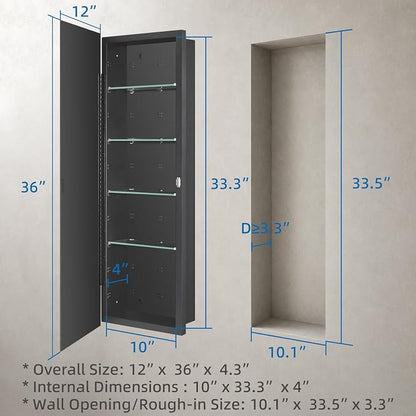 IDYLLOR Black Bathroom Medicine Cabinet with Beveled Edge Mirrored Door 12 x 36 inch, Recessed or Surface Mount, with Adjustable Glass Shelves