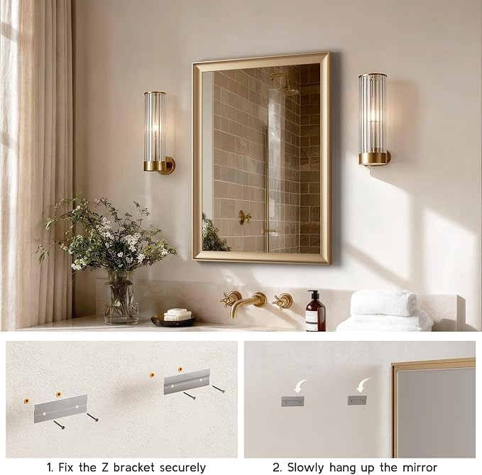 Gold Bathroom Mirror 22x30 Inch, Rectangle Vanity Mirror | Brushed Gold Bathroom Mirror for over sink, Bedroom, Entryway, Living Room, Aluminum Alloy Framed, Curved Wide Edge