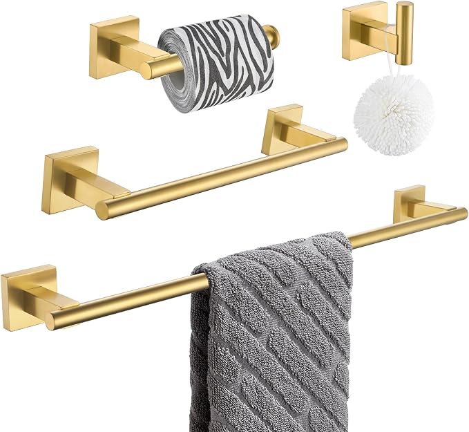 Suyar Brushed Gold Bathroom Accessories, Bathroom Hardware Set 4 Pieces | Include Robe Hook, Toilet Paper Holder, Hand Towel Holder, Towel Bar, SUS304 Stainless Steel, Wall Mounted