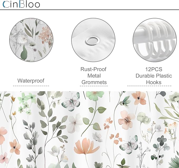 Extra Long Green Pink Floral Cute Wildflower Bathroom Shower Curtain Set | 72"W x 84"H Watercolor Boho; waterproof HD print, quick-dry fabric and plastic hooks for easy setup.