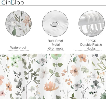 Extra Long Green Pink Floral Cute Wildflower Bathroom Shower Curtain Set | 72"W x 84"H Watercolor Boho; waterproof HD print, quick-dry fabric and plastic hooks for easy setup.