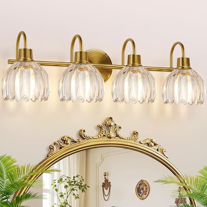 Bathroom Light Fixtures, 4-Light Brushed Gold Vanity Lights for Bathroom with Clear Tulip Glass Shade, Vintage Vanity Lights for Mirror Bedroom Living Room Hallway