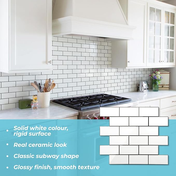 STICKGOO Peel and Stick Backsplash on Subway Tile, Polished White | 10 Sheets Aluminium Composite Self Adhesive Tiles, Faux Ceramic Look, Waterproof, Stick on Tiles for Vanities, Kitchen