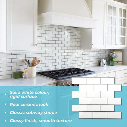 STICKGOO Peel and Stick Backsplash on Subway Tile, Polished White | 10 Sheets Aluminium Composite Self Adhesive Tiles, Faux Ceramic Look, Waterproof, Stick on Tiles for Vanities, Kitchen