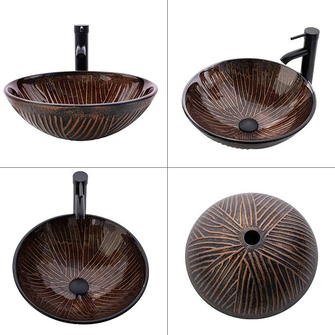 Vessel Sink 16.5" Bathroom Sinks Tempered Glass Brown Art Basin Round Bowl with Faucet Combo, Tree Streak Pattern,Modern Countertop Bowl Sink