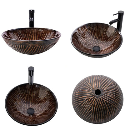Vessel Sink 16.5" Bathroom Sinks Tempered Glass Brown Art Basin Round Bowl with Faucet Combo, Tree Streak Pattern,Modern Countertop Bowl Sink