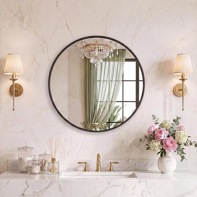 Sweetcrispy 20 Inch Round Wall Mirror, Bathroom Mirrors for Over Sink | Matte Metal Framed, Wall Decor for Bedroom, Entryway, Anti-Rust, Tempered Glass, Hanging or Leaning, Black
