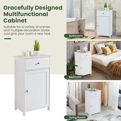 COSTWAY Bathroom Storage Cabinet, Wooden Freestanding Storage Organizer with Deep Drawers & Adjustable Shelf, Single Door Floor Cabinet for Living Room, Bathroom, Kitchen, Entryway, White