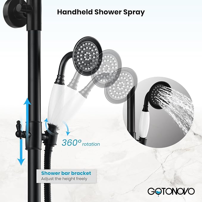 gotonovo Exposed Bathroom Shower System Vintage Shower Fixture 8 Inch Rainfall Shower Head Handheld Spray Tub Filler Brass Pipe 3-Function Wall Mount Double Cross Knobs Matte Black