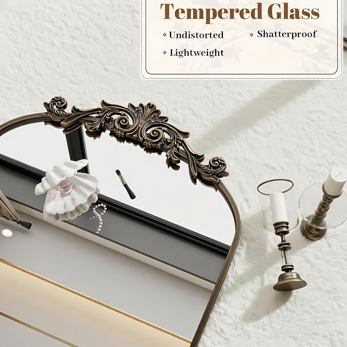 Dewfig Arched Full Length Mirror, 71"x32" Floor Mirror with Carved, Bronze | Antique Full Body Mirror, HD Shatterproof Tempered Glass, Lean/Stand/Wall for Bedroom, Living Room, Cloakroom, Home Decor