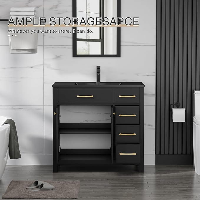 LUCKWIND 36" Bathroom Vanity with Sink Combo, Painted Modern Bathroom Storage Cabinet with Large Black Sink, Two Doors and Three Drawers, Include Faucet, Without Mirror, Black
